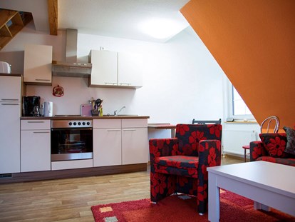 Monteurwohnung - Zimmertyp: Mehrbettzimmer - Niedersachsen - Studio Ansicht auf Küchenzeile + Wohngelegenheit - Apartment Haus am Grün