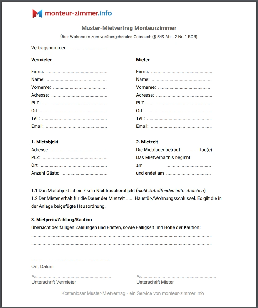 Monteurzimmer-Mietvertrag