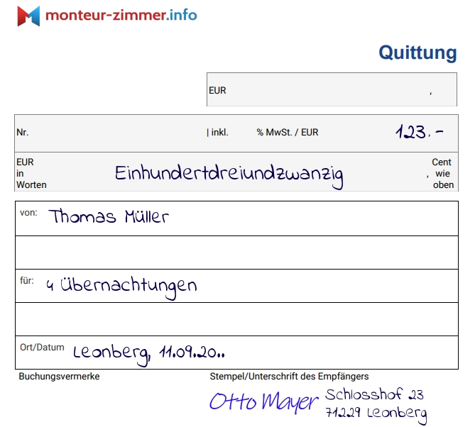 Beispiel einer ausgefüllten Quittung