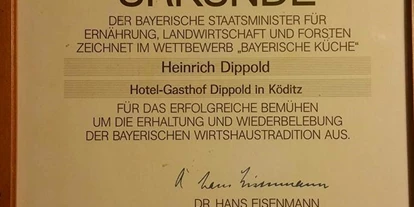Monteurwohnung - Frühstück - Helmbrechts - Urkunde Hotel-Gasthof Dippold - Heinrich Dippold