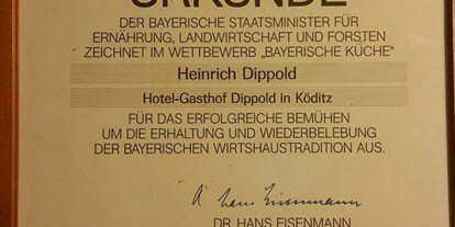 Monteurwohnung - Frühstück - PLZ 95028 (Deutschland) - Urkunde Hotel-Gasthof Dippold - Heinrich Dippold