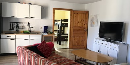 Monteurwohnung - Zimmertyp: Doppelzimmer - Sachsen - Küchenzeile und im Hintergrund ein Raum mit Hochbett und Liege -davon ab geht es zum Badezimmer mit Dusche , WC und Waschbecken - Ferienwohnung Seeblick
