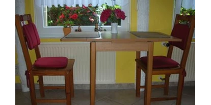 Monteurwohnung - Einzelbetten - Möllenbeck (Mecklenburgische Seenplatte) - Eßbereich, Tisch mit 2 Stühlen - Gästehaus Pirrwitz