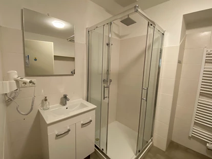 Monteurwohnung - Steinbrücken - vollausgestattetes Badezimmer mit Föhn und Dusche sowie Waschmaschine - Monteurwohnungen in Klagenfurt am Wörthersee