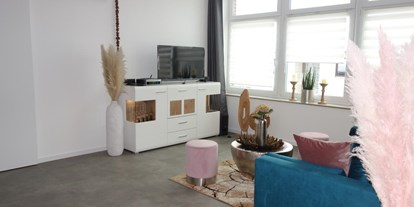 Monteurwohnung - Kühlschrank - PLZ 37586 (Deutschland) - Wohnzimmer mit TV und Schlafcouch - Ferienwohnung Suite für Service Mitarbeiter, Monteure, komplett ausgestattet