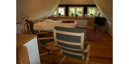 Monteurwohnung - Kühlschrank - Pampow (Ludwigslust-Parchim) - Schlafbereich mit Fernseher und Lesesesseln - Ferienwohnung Bauernhaus