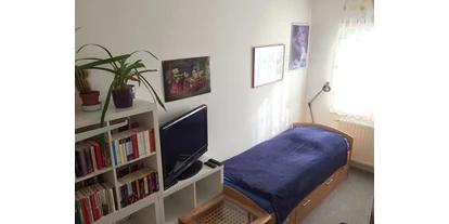 Monteurwohnung - Wohnzimmer mit Bett, Kleiderschrank, TV und kleiner Bibliothek  - Melli‘s Mini-Wohnung 