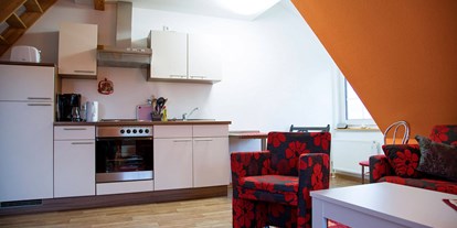 Monteurwohnung - Niedersachsen - Studio Ansicht auf Küchenzeile + Wohngelegenheit - Apartment Haus am Grün