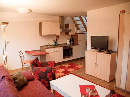 Monteurwohnung - Kühlschrank - PLZ 99752 (Deutschland) - Wohnbereich mit Ausblick auf Aufgang zum Schlafzimmer - Wohnung mit extra Schlafzimmer - Apartment Haus am Grün