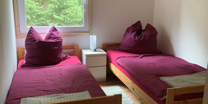Monteurwohnung - TV - PLZ 04860 (Deutschland) - Zweites Schlafzimmer mit zwei Einzelbetten, Nachttisch mit Nachttischlampe, Regal, Stuhl, Fernseher und Verdunklungsrollo. - Pension Lausa