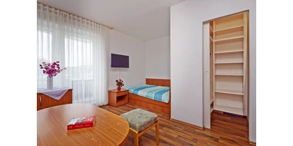 Monteurwohnung - Kühlschrank - Pegestorf - Wohn-Schlafzimmer mit Fensterfront zum Balkon - Bad Pyrmont, Dr.-Harnier-Str. 7, Single Appartement 20