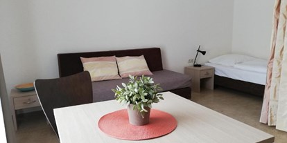 Monteurwohnung - Kühlschrank - PLZ 88430 (Deutschland) - Sitzbereich und Bett im Hintergrund - Berger's Airport Hostel