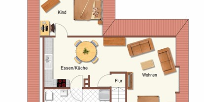 Monteurwohnung - Zimmertyp: Doppelzimmer - Ostrohe - Grundriss 1 Obergeschoss - Hus Möwenschiet 2-8 Pers.