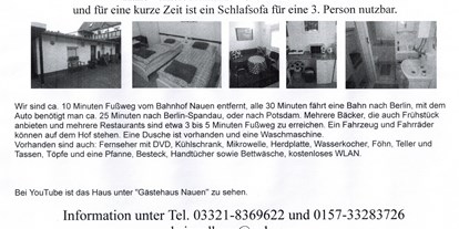 Monteurwohnung - Art der Unterkunft: Gästehaus - Berlin-Stadt Staaken - Kleines Gästehaus 30qm für 2 Personen in Nauen bei Berlin und Potsdam