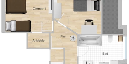 Monteurwohnung - Zimmertyp: Doppelzimmer - Baiersbronn - Grundriss für 4 oder 5 Personen - Ab 11,21 pP, Vollausstattung, schnelles Internet, TV + Netflix, bequeme Betten, Küche, Balkon