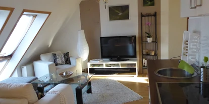 Monteurwohnung - TV - Kalkhorst - Der Wohnraum mit Sitzecke und Fernseher  - Storchennest Dassow