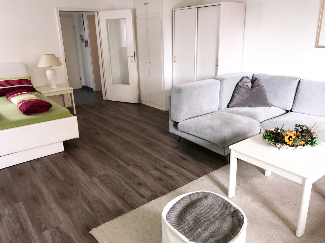 Monteurzimmer: Wohn- und Schlafbereich
Schlafgelegenheit für max. 3 Personen.
Couch=Schlafcouch - Apartment Lara Bad Schwartau