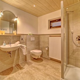 Monteurzimmer: Modernes Bad mit Dusche, WC und Föhn - Ferienhaus zur Weinlaube 