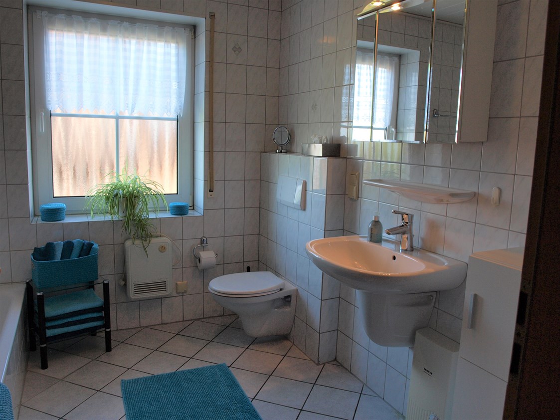 Monteurzimmer: Bad mit Badewanne, Dusche und WC - Große Whg. m. 3 Schlafz., Bad/Dusche m. WC, Küche m. Vollausst., Wohnraum mit FLA-TV, W-LAN 