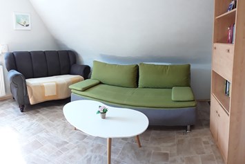 Monteurzimmer: Wohnzimmer mit kleiner Sitzcouch und Schlafsofa (hier finden 2 Personen Platz) - Ferienwohnung-Fulda