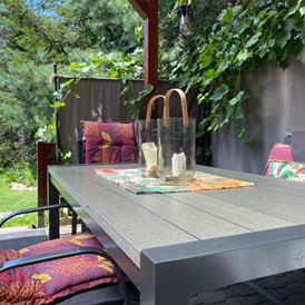 Monteurzimmer: Terrasse mit großen Gasgrill und Blick in den Garten - Kerstin Schilling