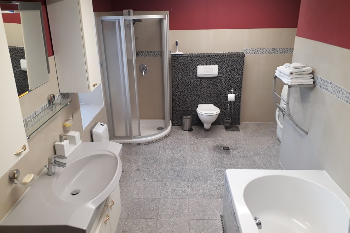 Monteurzimmer: Bad mit Wanne, Dusche und Waschmaschine - Wohnung voll ausgestattet im Gutshaus Alt Krassow