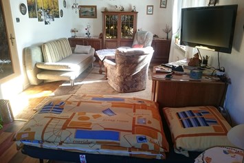 Monteurzimmer: Wohnzimmer, ausklappbares Zustellbett - Ferienwohnung Pulst