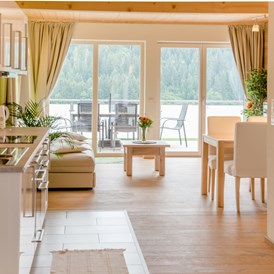 Monteurzimmer: Blick ins Wohnzimmer und Terrasse von Bungalow Mountain View Wood  - Ferienwohnung Mountain View 1