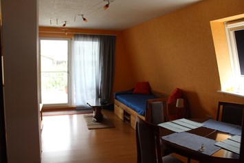 Monteurzimmer: Wohnzimmer mit Schlafcouch und Sat TV - Fewosan Sandstedt
