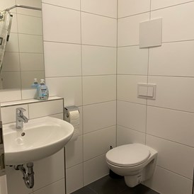 Monteurzimmer: Bad mit Toilette und Dusche links vom Bild.  - Monteurzimmer Spatz
