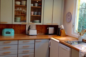 Monteurzimmer: Küche mit Herd, Kühlschrank, Geschirrspüler, Wasserkocher, Kaffeemaschine - LenAs Gartenwohnung