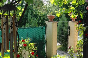 Monteurzimmer: Weinpergola mit Sitzplatz Richtung Süden  - LenAs Gartenwohnung