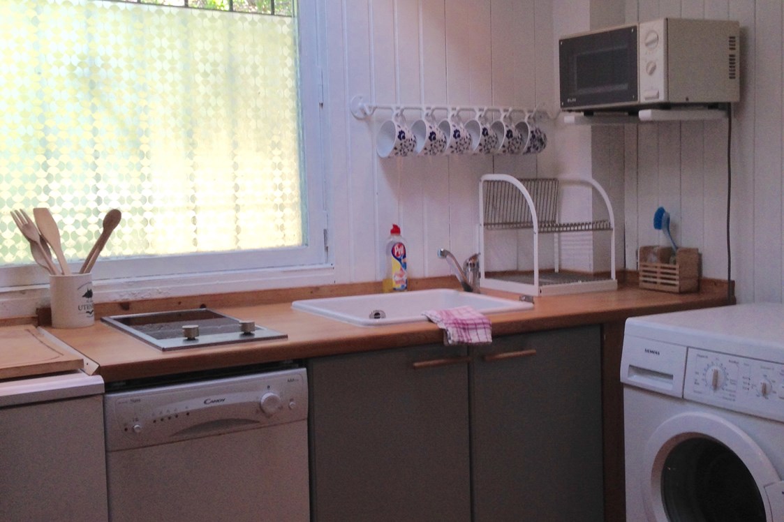 Monteurzimmer: Küche mit Waschmaschine  , Mikrowelle - LenAs Gartenwohnung