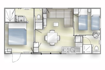 Monteurzimmer: Grundriss - Modernes Mobilheim mit Fass-Sauna und Whirlpool (WA104)