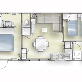 Monteurzimmer: Grundriss - Modernes Mobilheim mit Fass-Sauna und Whirlpool (WA104)
