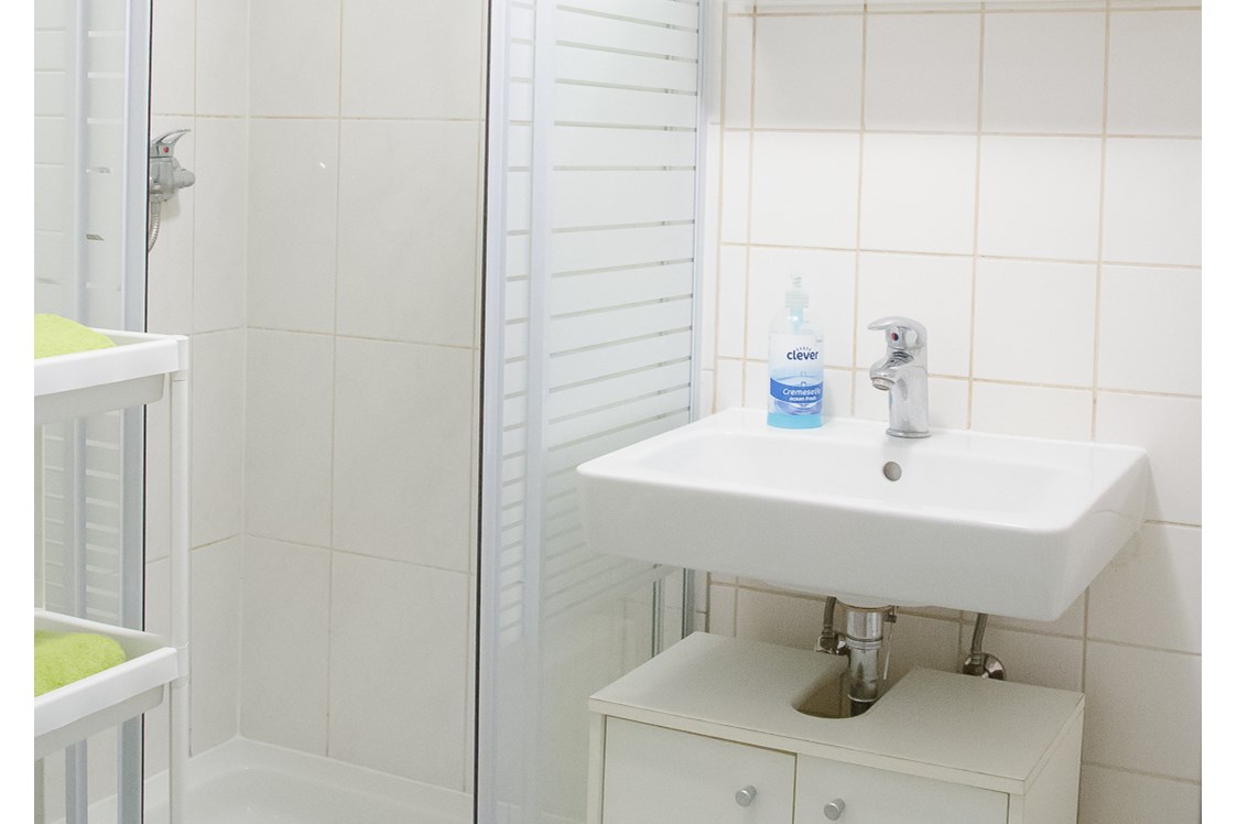 Monteurzimmer: Badezimmer mit Waschbecken und Dusche in der Monteurunterkunft in Graz. - Monteurzimmer-Monteurwohnung-Arbeiterwohnung in Graz 
