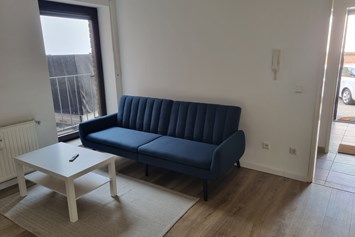 Monteurzimmer: Wohnbereich mit Schlafcouch  - Monteurswohnung TAKAppartement Dormagen EG