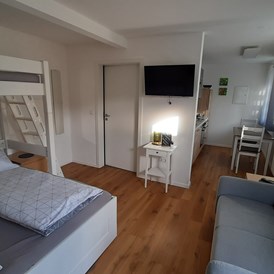 Monteurzimmer: Wohnung 3 mit Doppelbett und Hochbett. Die Wohnung ist für 2 Erwachsene geeignet. 
Offener Wohn- und Schlafraum - Gästehaus Buberl