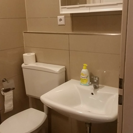 Monteurwohnung: Toilette, Waschbecken und Spiegel im Badezimmer - Monteurwohnung Rastatt
