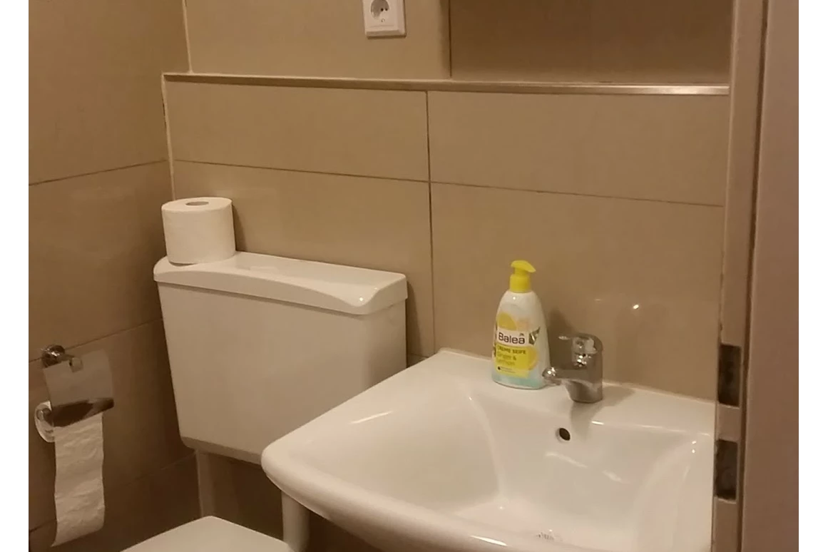 Monteurwohnung: Toilette, Waschbecken und Spiegel im Badezimmer - Monteurwohnung Rastatt