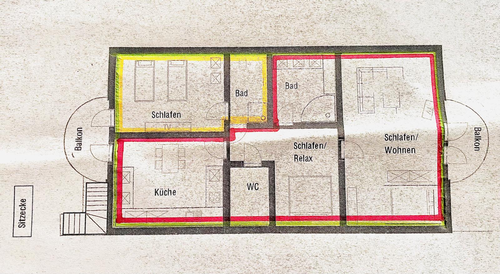 Monteurzimmer: Etagenplan:
rot ist Apartment
gelb ist EZ/DZ
grün ist gesamte Etage - Apartment/Zimmer Haus Dragl bei Augsburg