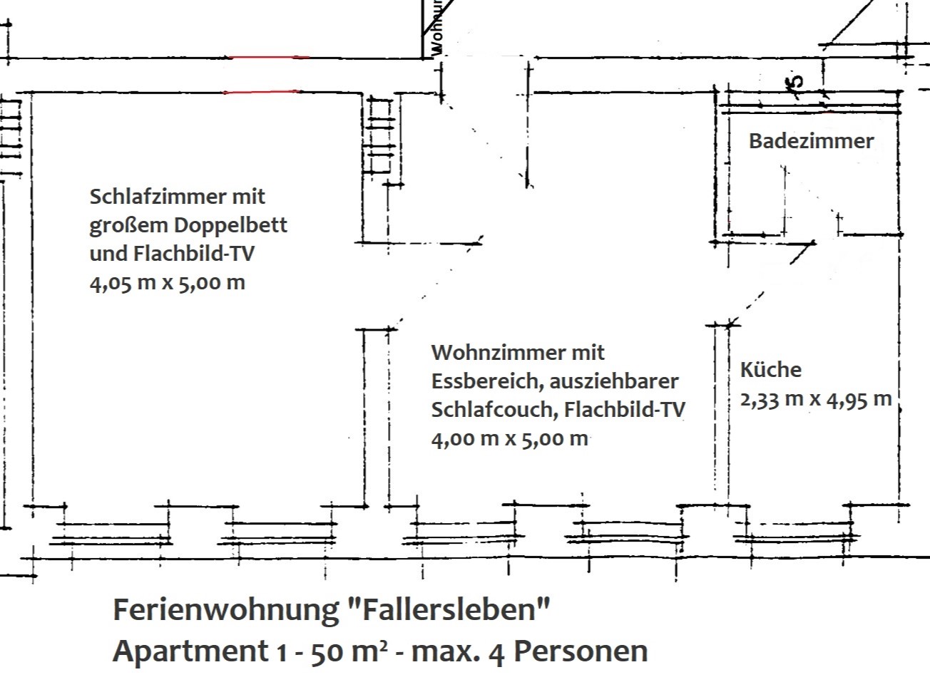 Monteurzimmer: Grundriss der Wohnung - Zentral gelegene Wohnung für max. 4 Personen + Parkplatz