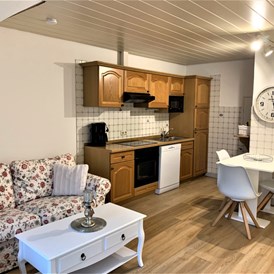 Monteurzimmer: Wohnküche mit Sofa und Essbereich - LÜTJE DEERN: 1 Schlafzimmerwohnung mit Platz für bis zu 3 Personen