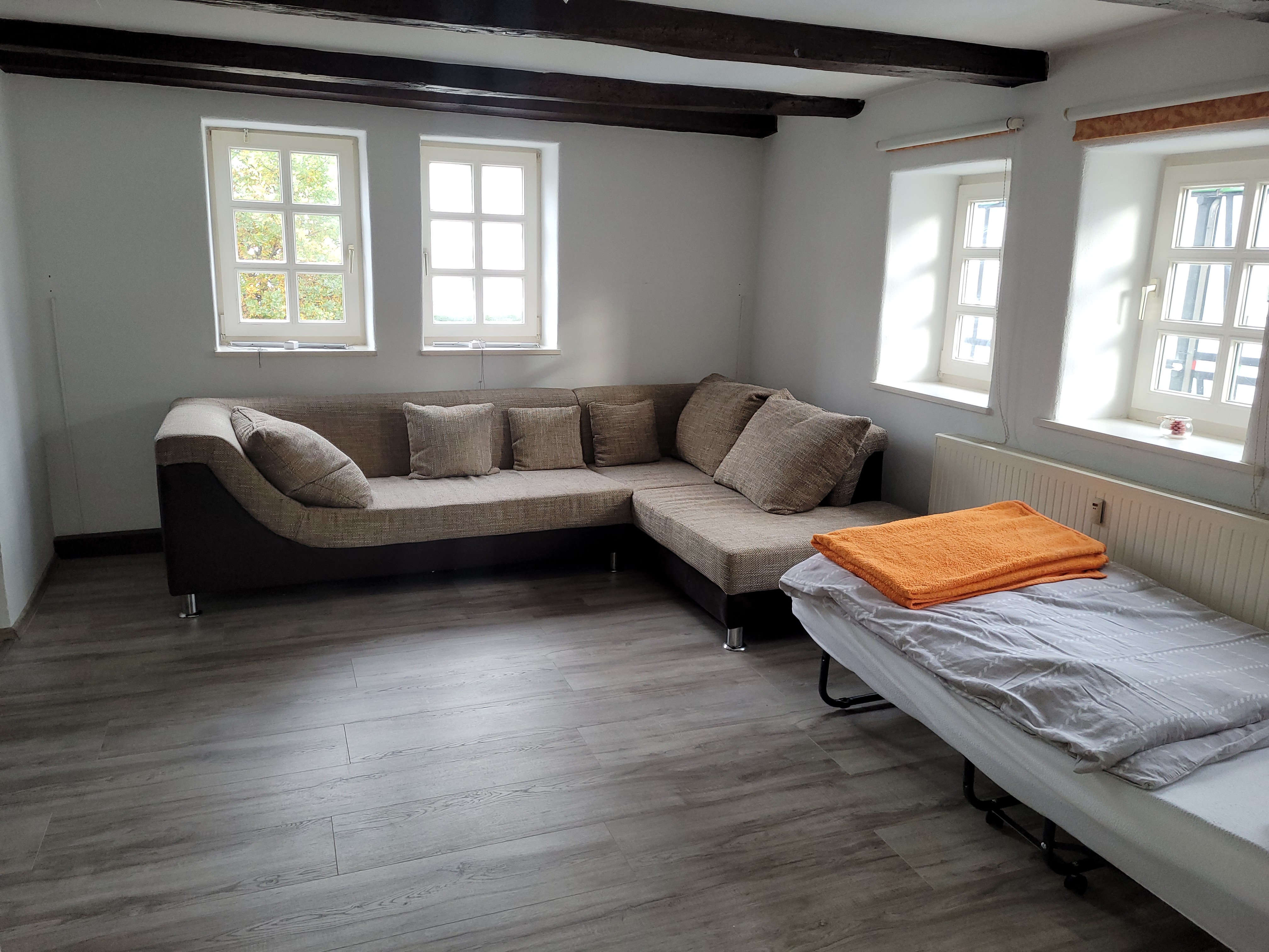 Monteurwohnung - Zimmertyp: Mehrbettzimmer - Drolshagen - Wohnzimmer mit einem Einzelbett - Fachwerkwohnung