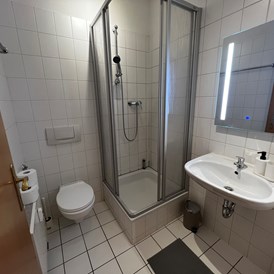Monteurzimmer: Badezimmer mit Dusche und Spiegel - H/54-Unterkünfte 