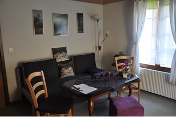 Monteurzimmer: Wohnzimmer Sitzecke Kaminzauber - Ferienwohnung Alter Raaben