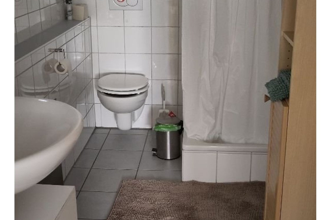 Monteurzimmer: Blick ins Bad - Möblierte Kellerwohnung für Wochenendheimfahrer in Landshut