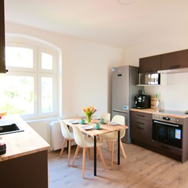 Monteurzimmer: Moderne Küche mit Elektrogeräten und Sitzbereich in Magdeburger Altstadt - HomeRent in Magdeburg