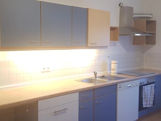Monteurzimmer: Küche mit E-Herd / Backofen, Abzugshaube, Spülmaschine - Fewo-Harber
