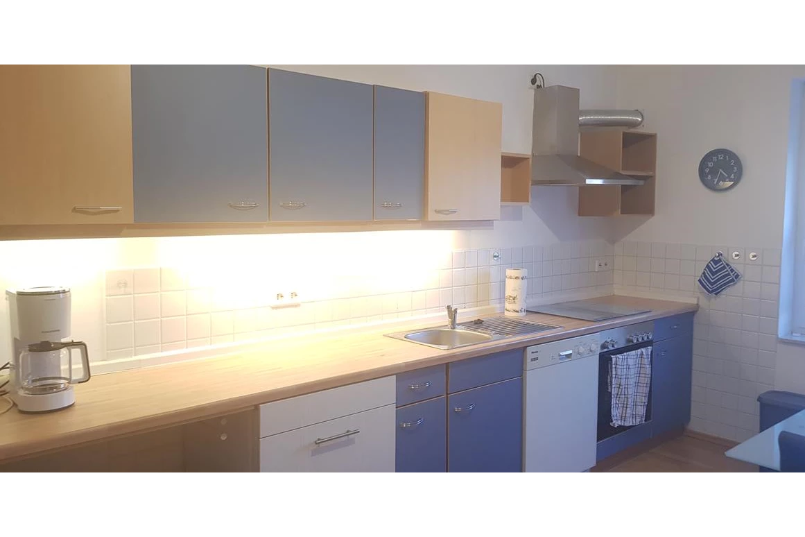 Monteurzimmer: Küche mit E-Herd / Backofen, Abzugshaube, Spülmaschine - Fewo-Harber